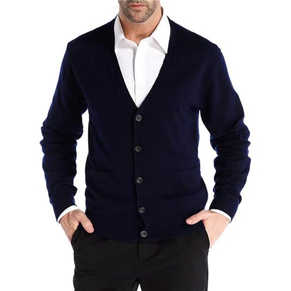 Men’s Cardigan Sweater Cashmere Wool Blend V Neck Buttons Cardigan with Pockets
